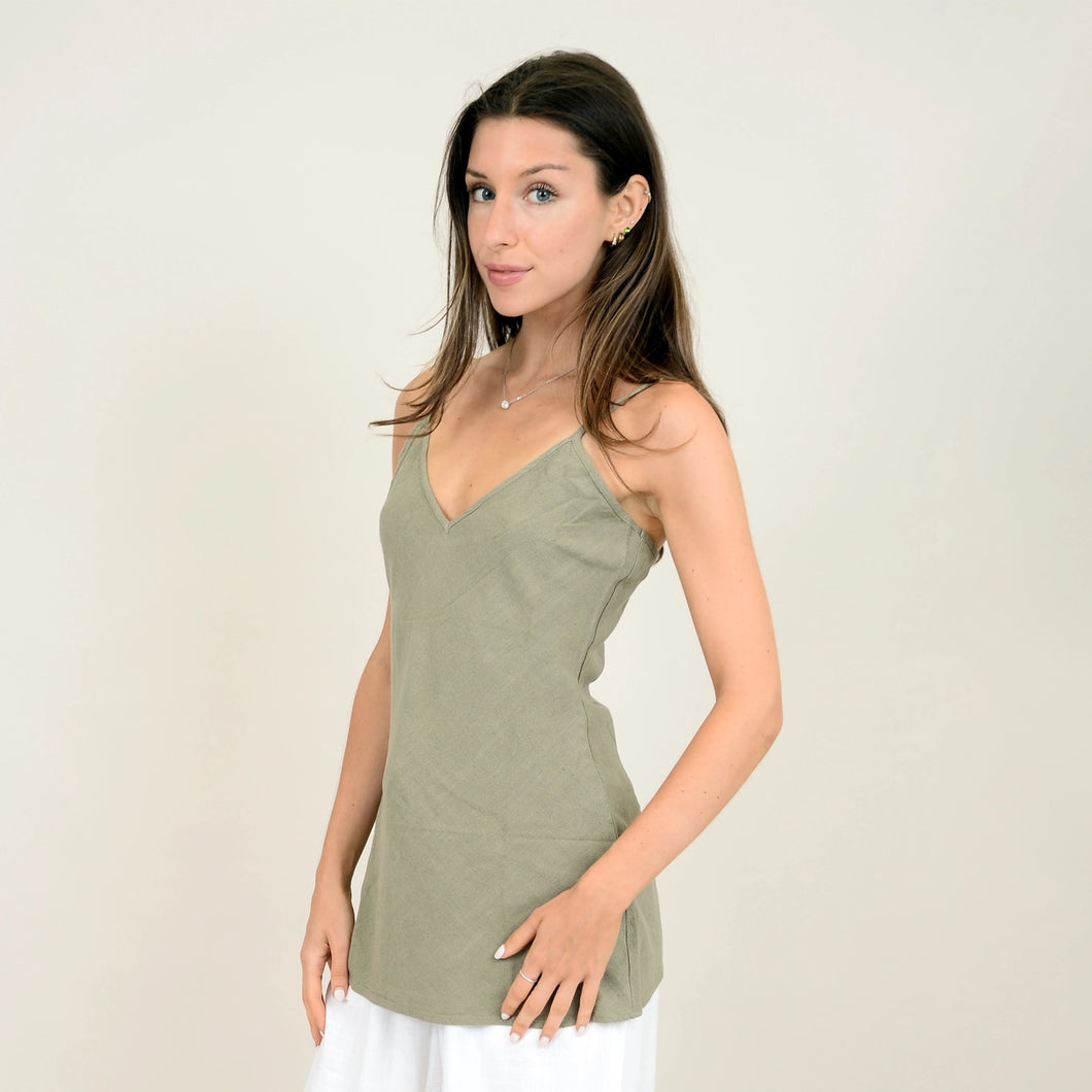 Layla Linen Blend Shoulder Strap Top-Moss